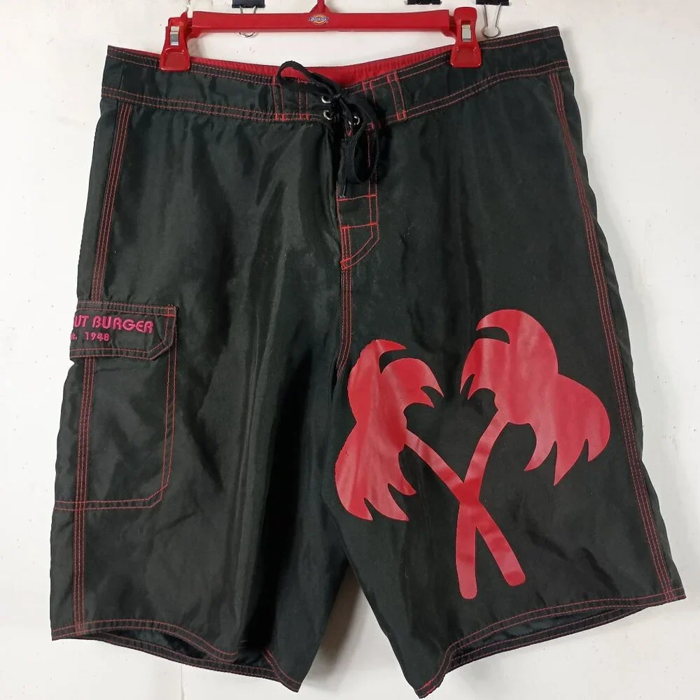 In-N-Out Burger Boardshorts Mens L 35 Brown Graphic Swim Trunks Surf Skater